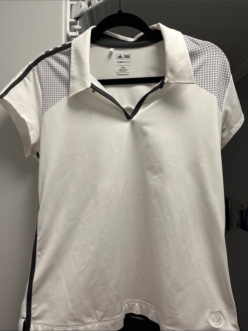adidas White Polo Shirt with Black Trim and Patterned Shoulders